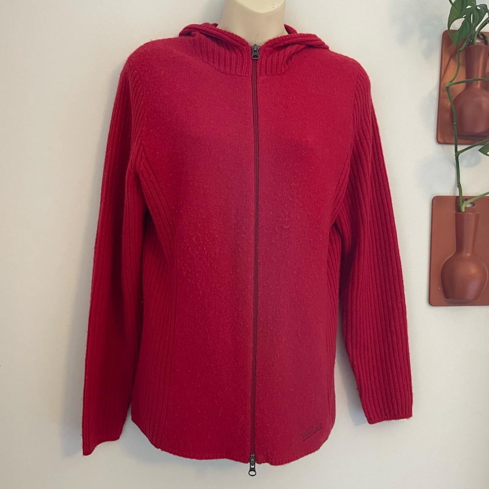 Woolrich Heirloom Red Merino Wool Double Zip Hooded Sweater Medium
